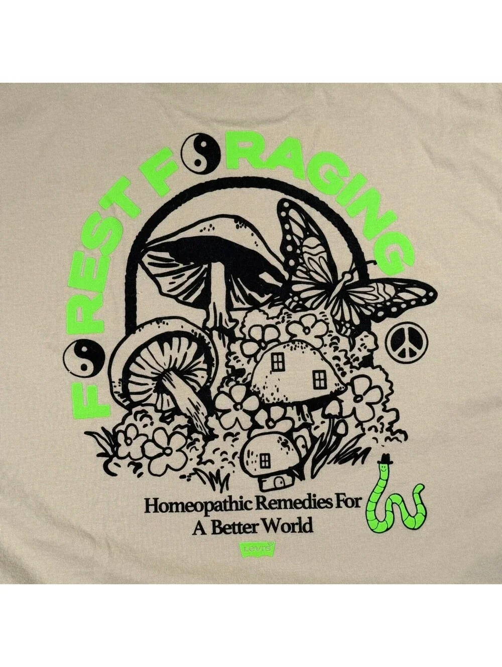 Levi's Mens XXL Sage Green Forest Foraging Graphic Tee Mushroom Worm Print